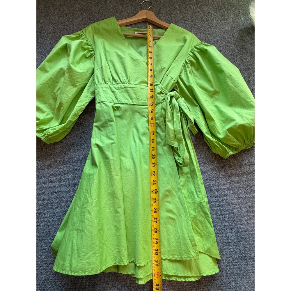 Showpo Lime Green Puff Sleeve Wrap Mini Dress Size 12 V-Neck Cotton Blend - Picture 3 of 7